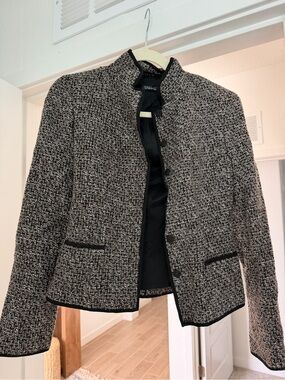 Tahari Black & White Tweed Collarless Blazer with Trim